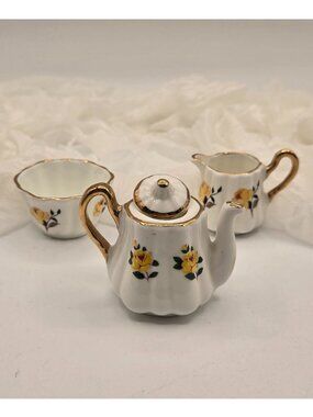 Vintage Sandford England Miniature Porcelain Tea Set - Yellow Roses & Gold Gilt